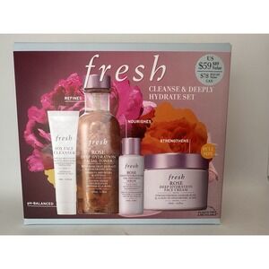 Fresh Cleanse & Deeply Hydrate 4 Piece Rose Skincare Set Full Size Cream Sealed